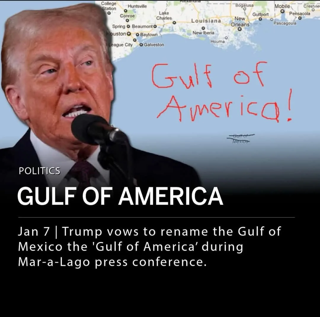 A photo of Donald Trump speaking into a microphone is overlaid on a map of the Gulf Coast region. The map shows cities like…