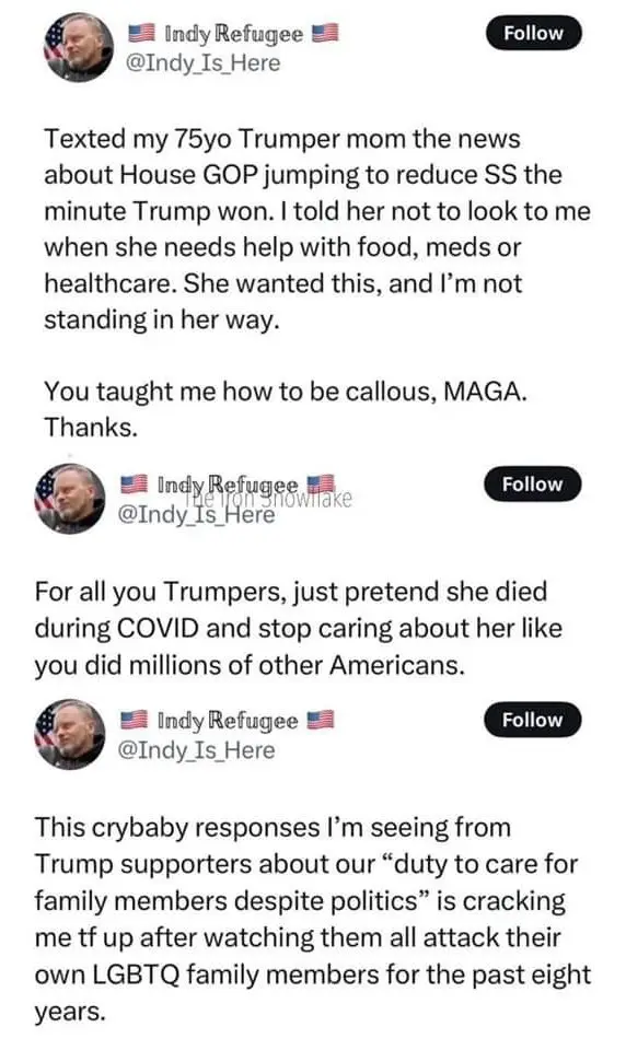 A screenshot of a Twitter thread by user @Indy_Is_Here, showing three tweets. The first tweet describes texting a…