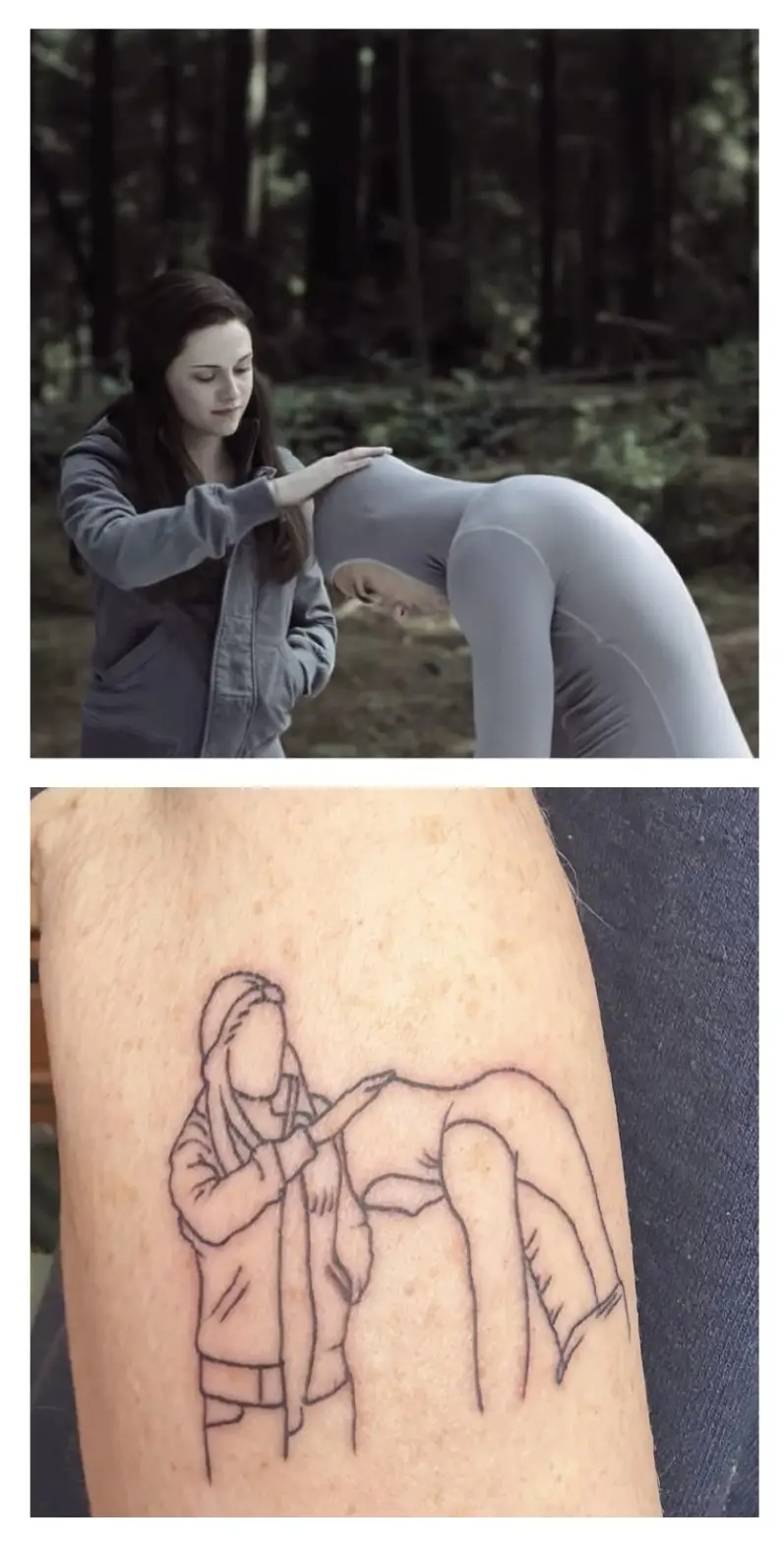 the image is split into two panels: the top shows a woman in a grey jacket touching the shoulder of another person bent over…