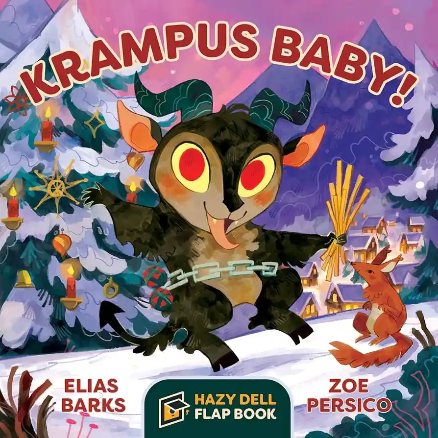 A colorful children's book cover titled 'KRAMPUS BABY!' shows a cute, cartoonish baby Krampus with red eyes, horns, and a…