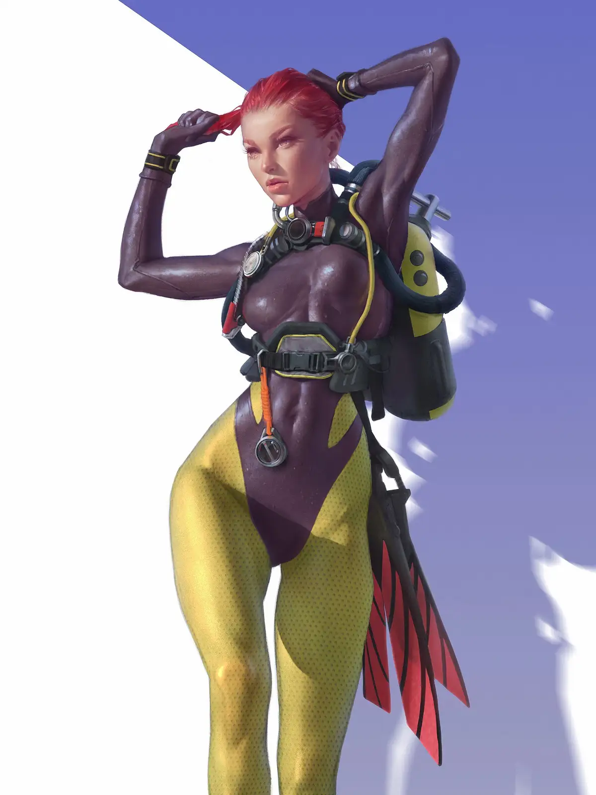 A digitally rendered woman with red hair, wearing a yellow and purple wetsuit, scuba gear, and red fins, poses while tying…
