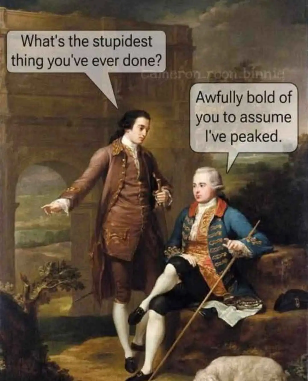 A classical painting depicts two men in 18th-century aristocratic attire; one standing and gesturing asks, 'What's the…