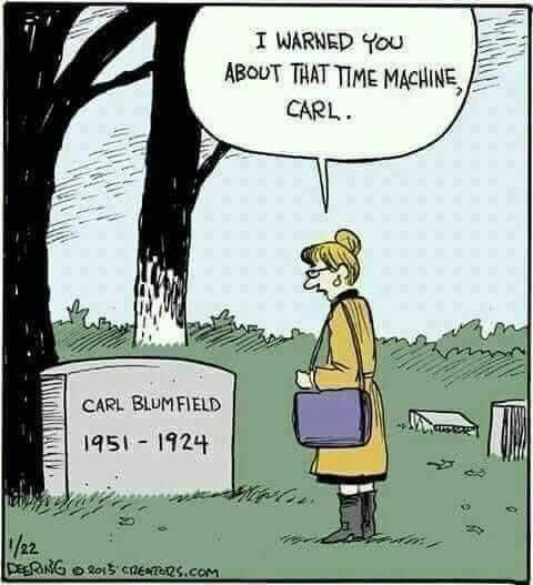 A woman in a yellow coat and carrying a purple bag stands beside a tombstone labeled 'CARL BLUMFIELD 1951-1924'. A speech…