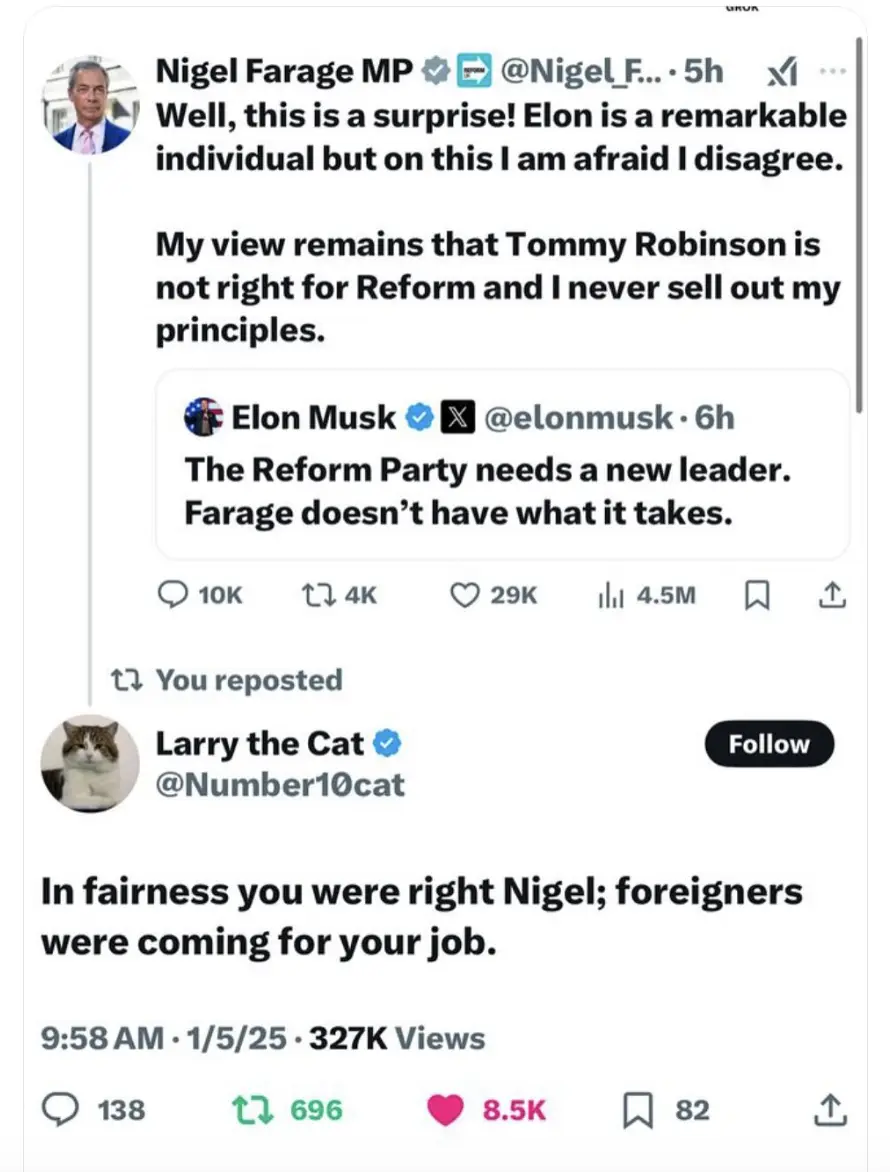 A screenshot of a Twitter thread shows Nigel Farage replying to Elon Musk, who said the Reform Party needs a new leader…