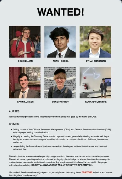 A 'WANTED!' poster parody featuring six young men, each with their name below their photo. The poster falsely accuses them…