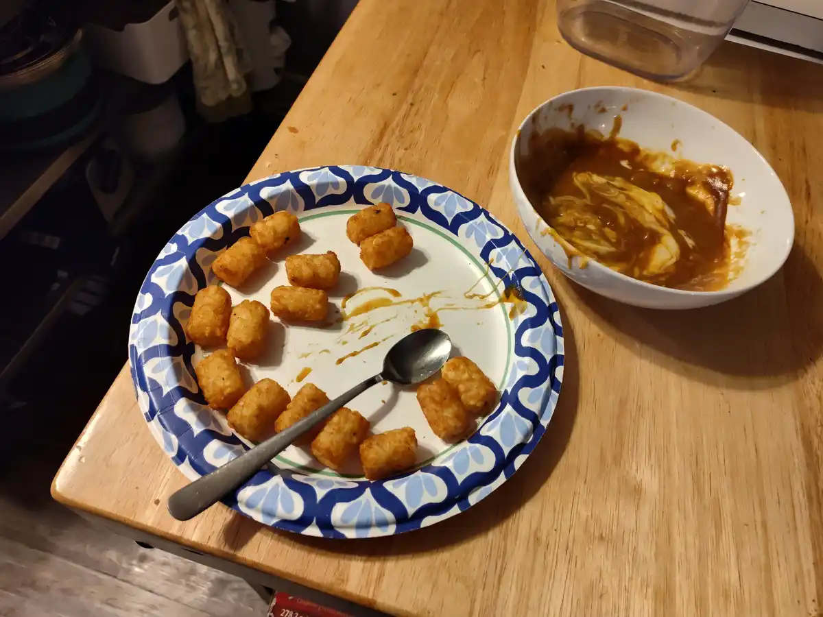 A paper plate with blue and white floral patterns holds several golden-brown tater tots and a metal spoon, next to an empty…