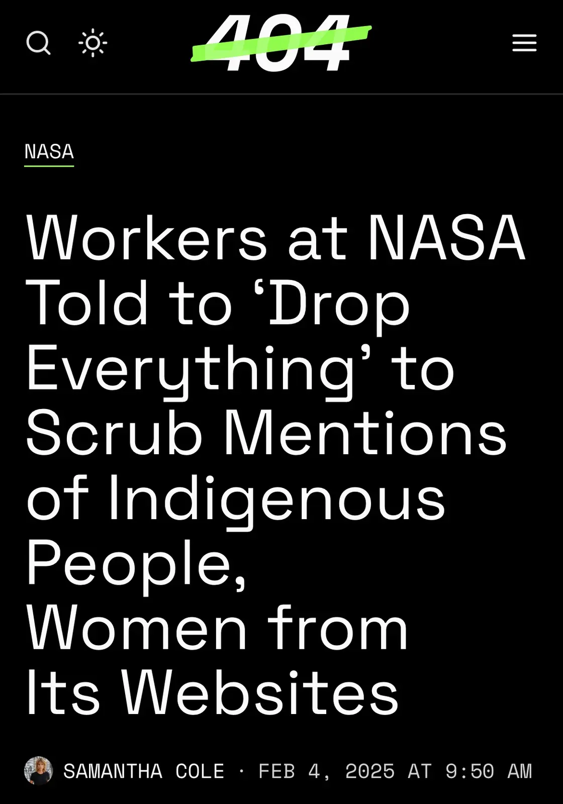 A screenshot of a fake news article from a site labeled 'NASA' with a large '404' error code crossed out in green. The…