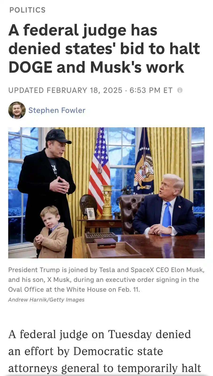 A news article screenshot shows a photo of Elon Musk standing beside a young boy in a tan coat, both looking toward Donald…