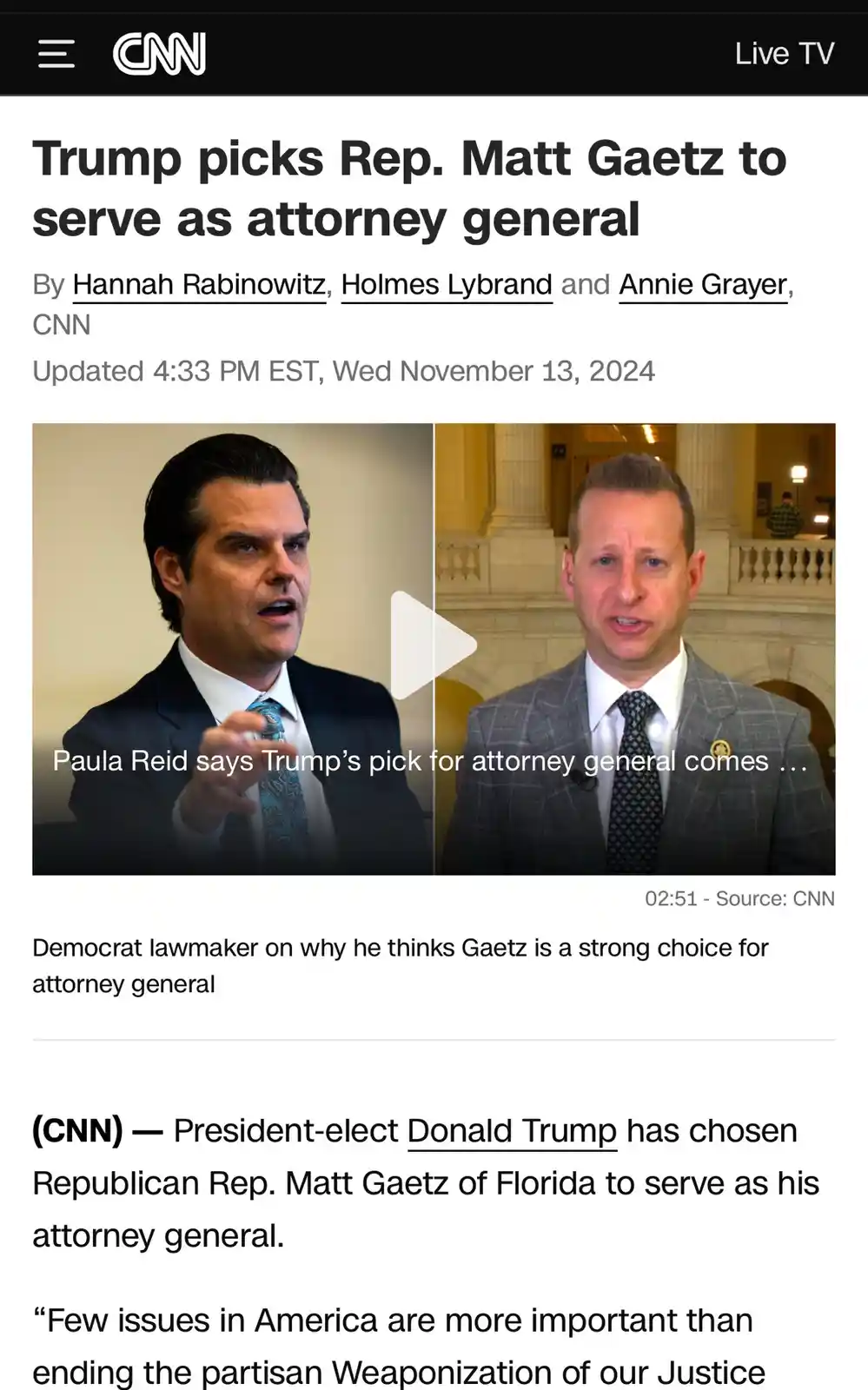 A screenshot of a CNN news article from November 13, 2024, announcing Donald Trump's pick of Rep. Matt Gaetz as attorney…