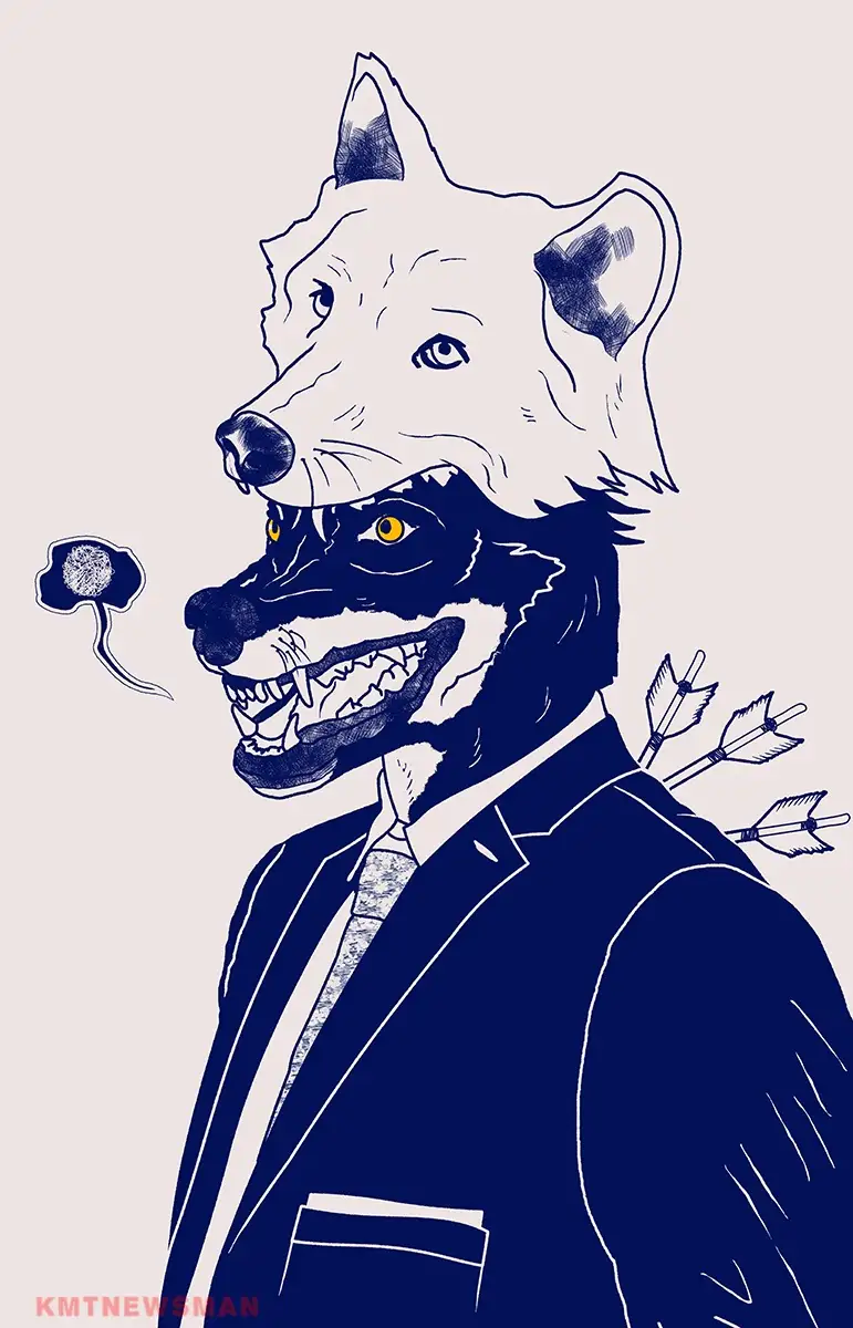 A stylized illustration shows a man in a suit with a wolf's head, but the wolf's face is split: the top half is calm and…