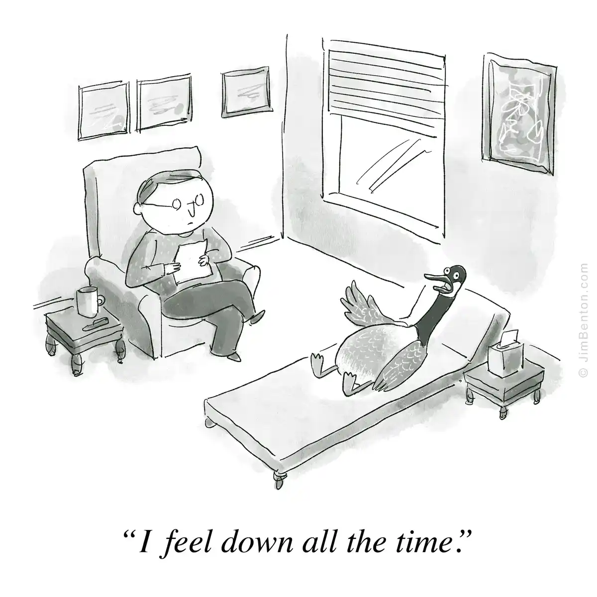 A black-and-white cartoon depicts a man in glasses sitting in an armchair, holding a paper, while a goose lies on a…