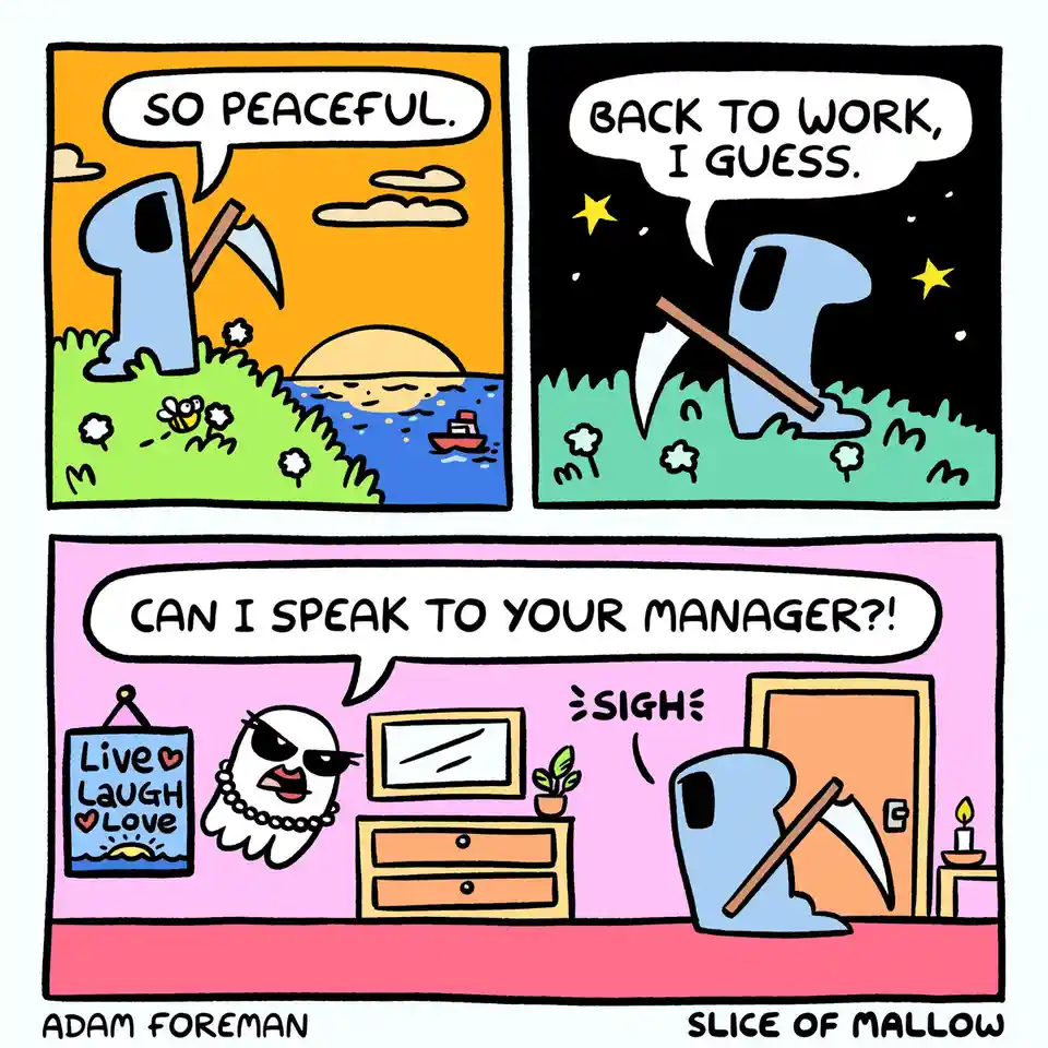 A three-panel comic shows a blue grim reaper enjoying a peaceful sunset, then reluctantly returning to work at night. In the…