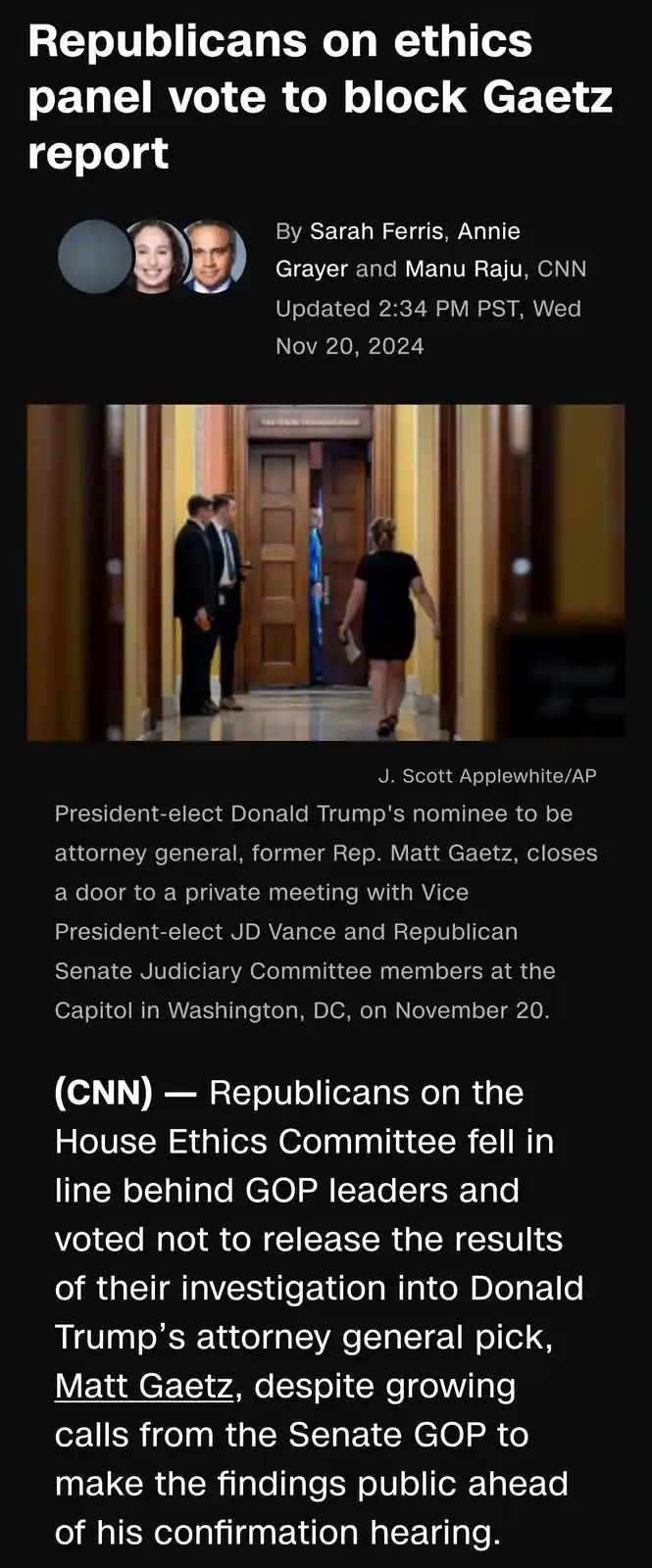 A screenshot of a CNN news article shows a photo of Matt Gaetz closing a door in a Capitol hallway, with text reporting that…