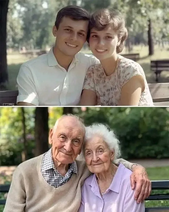 Two images stacked vertically show a young couple smiling on a park bench in the top panel, and the same couple as elderly…