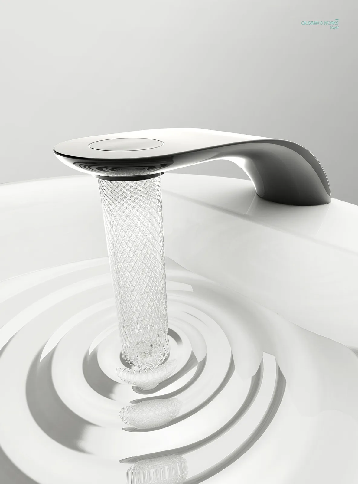 A sleek, modern faucet with a transparent, spiraling water stream flowing into a white basin with concentric circular…