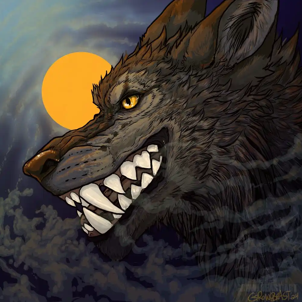 A digitally illustrated close-up of a snarling wolf's head with bared teeth and glowing yellow eyes, set against a backdrop…