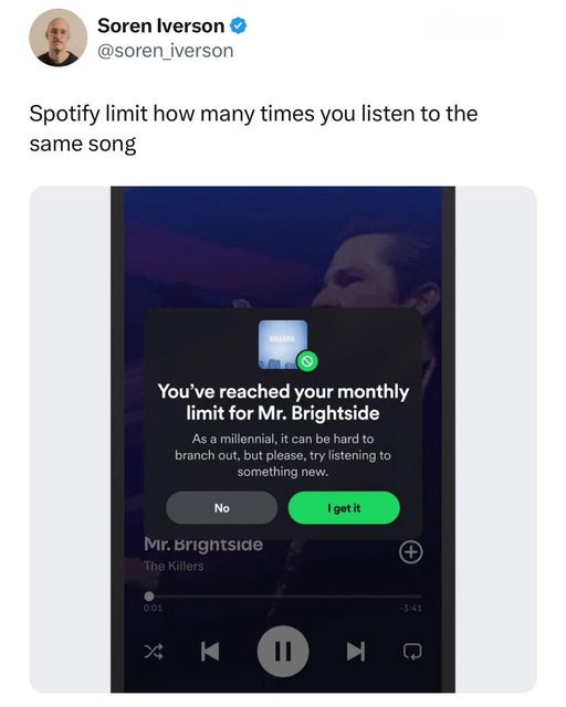 A screenshot of a Spotify app interface showing a notification that says 'You've reached your monthly limit for Mr…