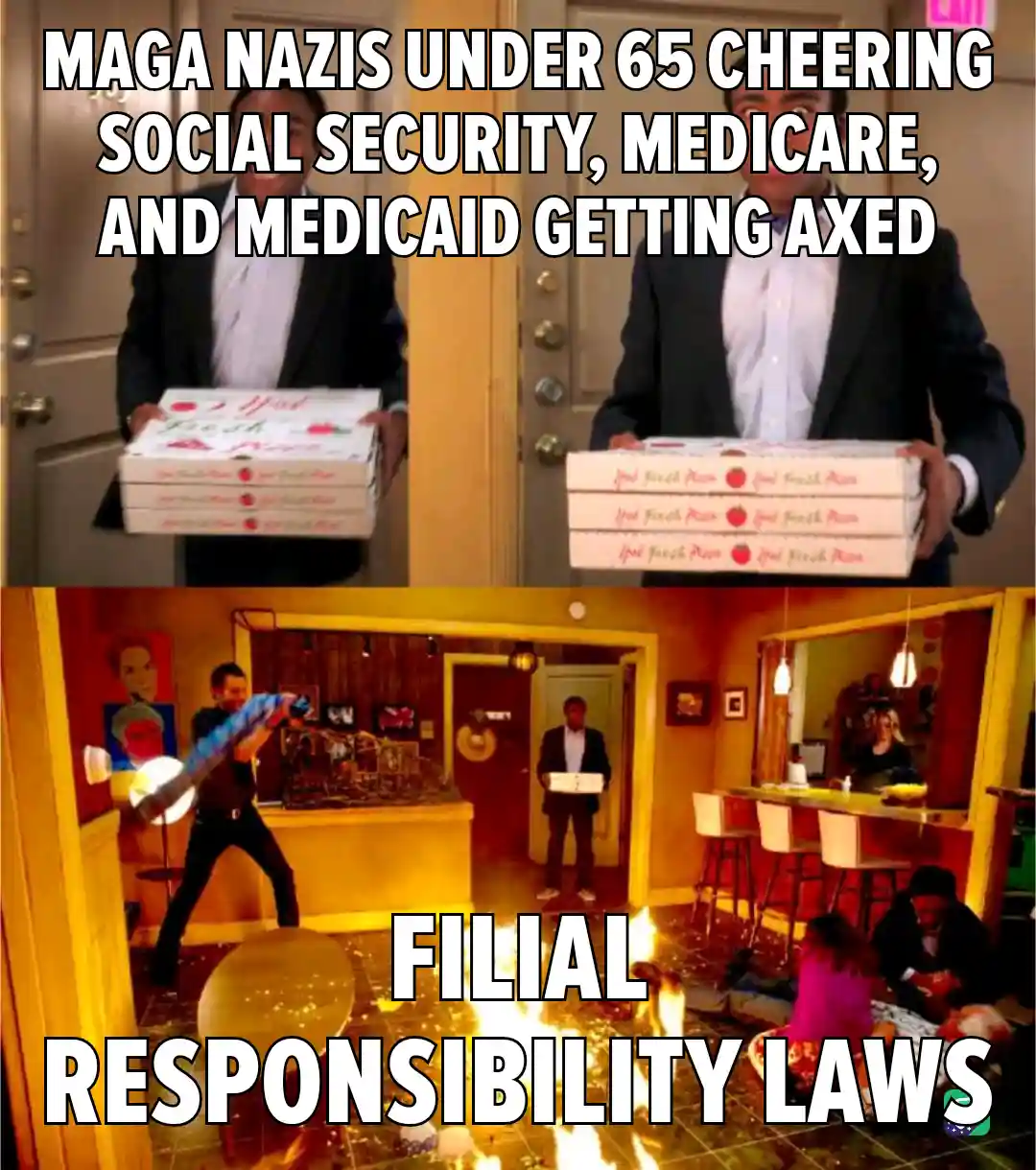 The image is a two-panel meme. The top panel shows a man in a suit holding multiple pizza boxes, with text overlaid that…
