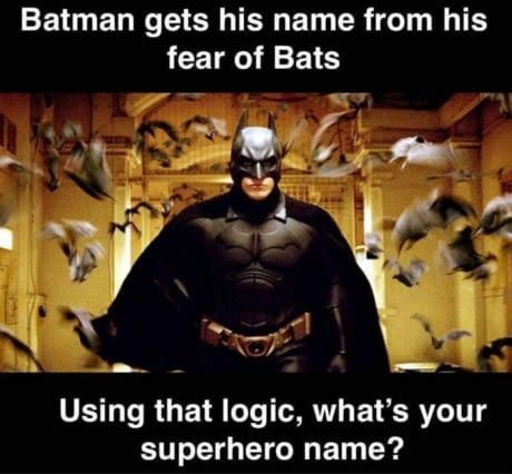 Batman stands in a dimly lit, bat-filled room, surrounded by flying bats. The text at the top reads 'Batman gets his name…