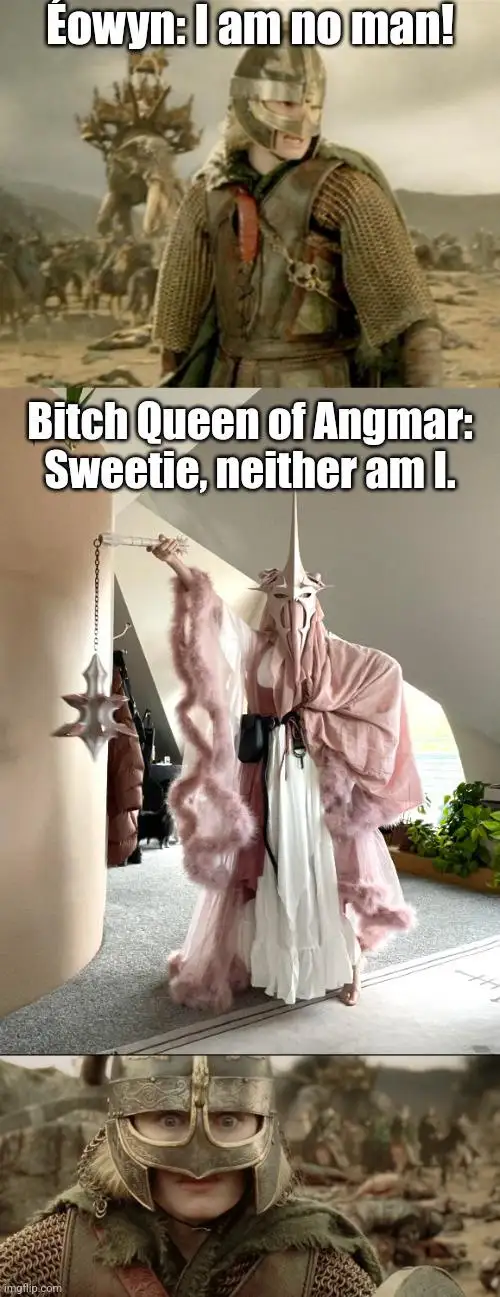 The meme features three panels: the top shows Éowyn in armor declaring 'I am no man!'; the middle shows a person in a pink…