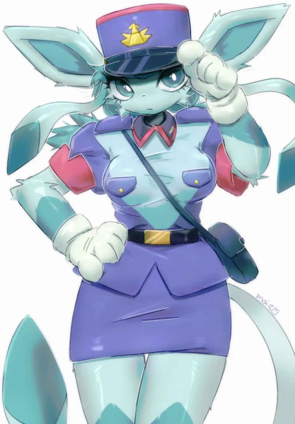 An anime-style anthropomorphic character with large ears and a tail wears a purple uniform with a hat and white gloves…