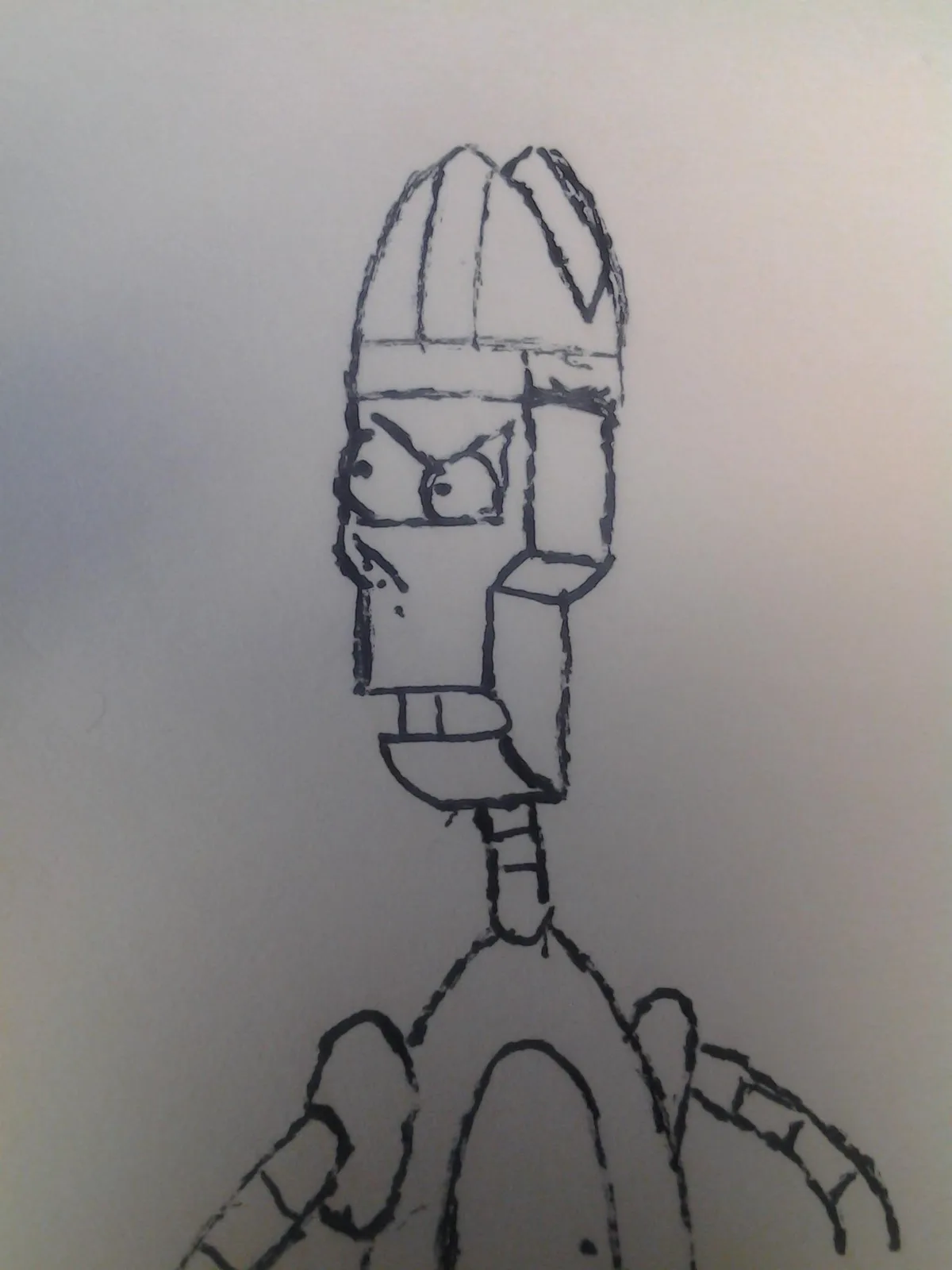 A crude black-and-white hand-drawn sketch depicts a cartoonish, blocky character with an angry, narrowed-eyed expression, a…