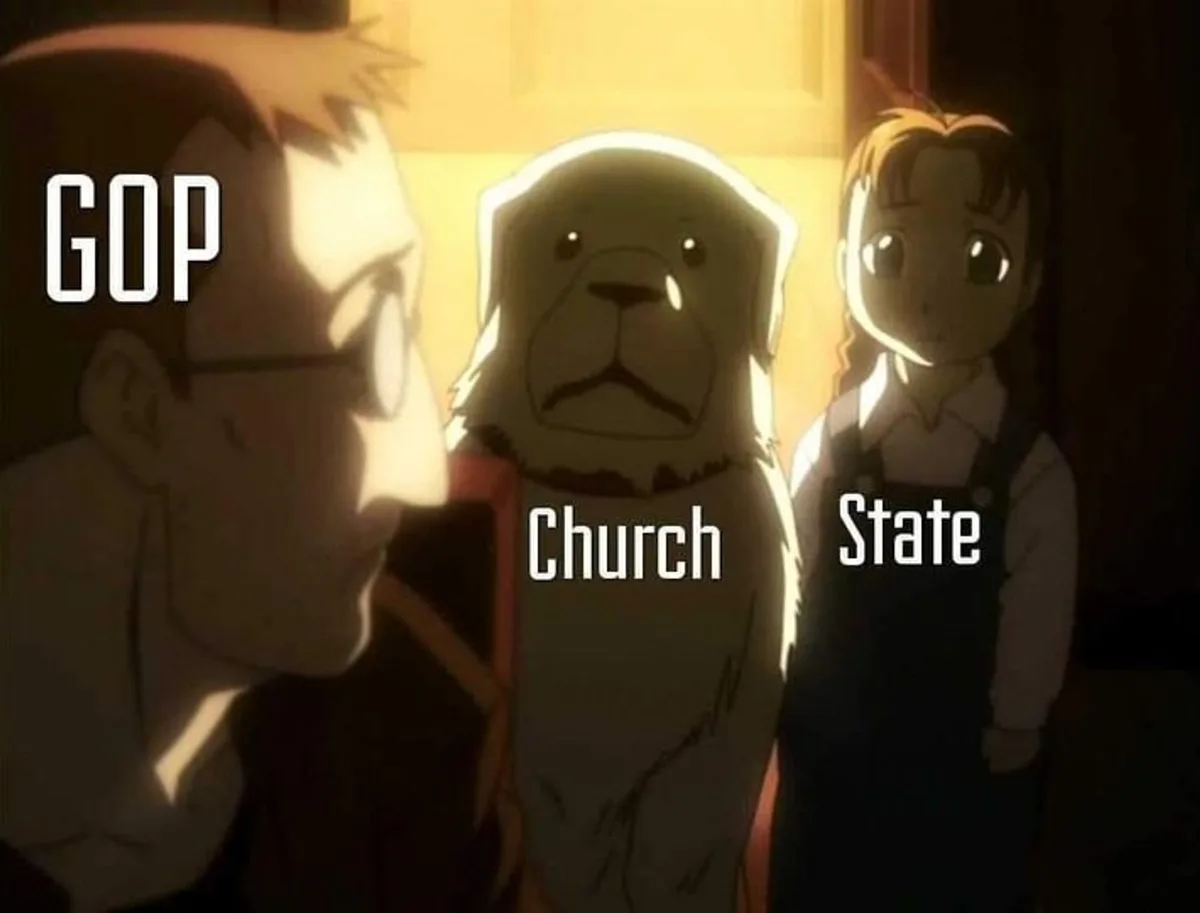 An anime scene shows a man labeled 'GOP' looking at a dog labeled 'Church' and a girl labeled 'State' standing beside it…
