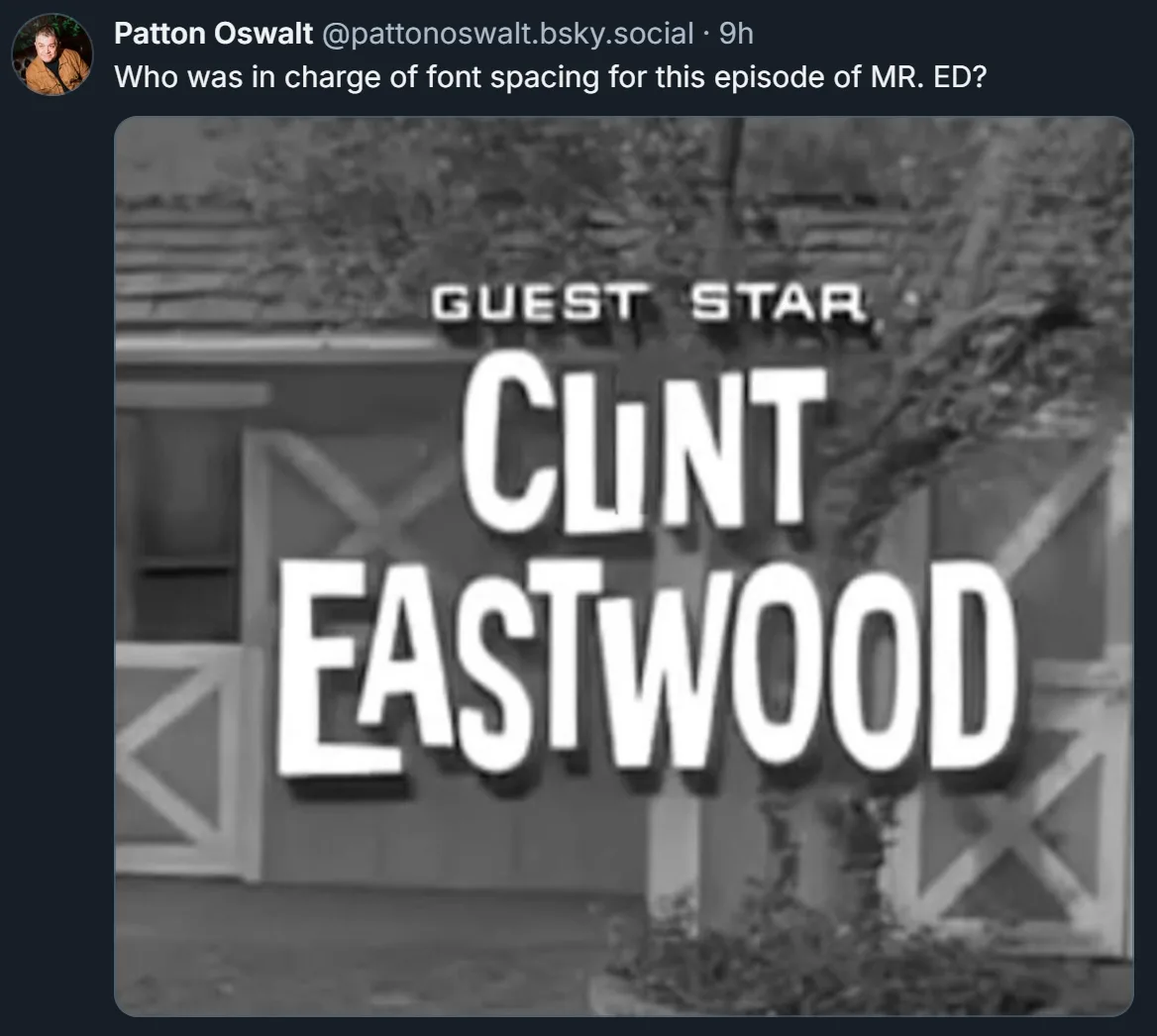 A black-and-white image of a vintage TV show credit card showing 'GUEST STAR CLINT EASTWOOD' in large, bold, 3D-style white…