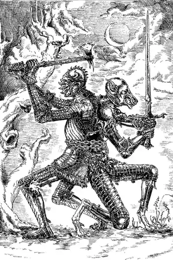 A black-and-white illustration depicts a demonic, armored figure with a wolf-like head wielding a sword, locked in combat…