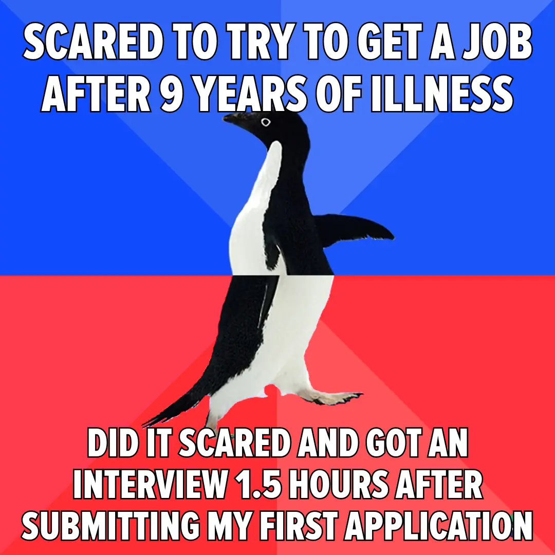 A penguin stands centered against a blue and red background, with bold white text at the top reading 'SCARED TO TRY TO GET A…