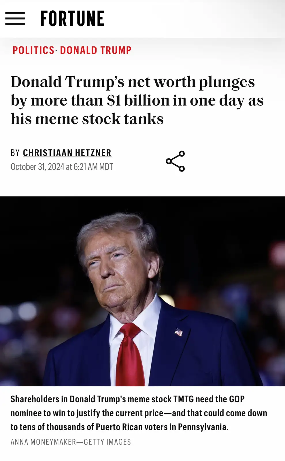 A screenshot of a Fortune article headline showing Donald Trump looking serious in a dark suit and red tie, with the text…