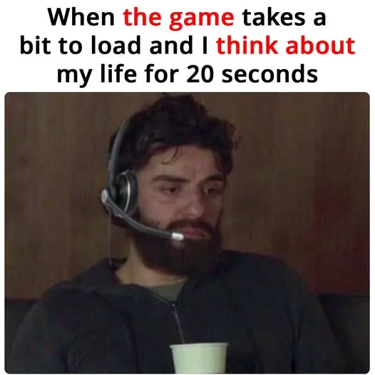 A man with a headset and beard sits holding a cup, looking bored and contemplative. The text overlaid on the image reads…