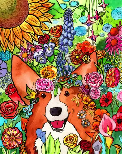 A colorful watercolor illustration features a smiling brown and white dog, likely a corgi, surrounded by a vibrant garden of…