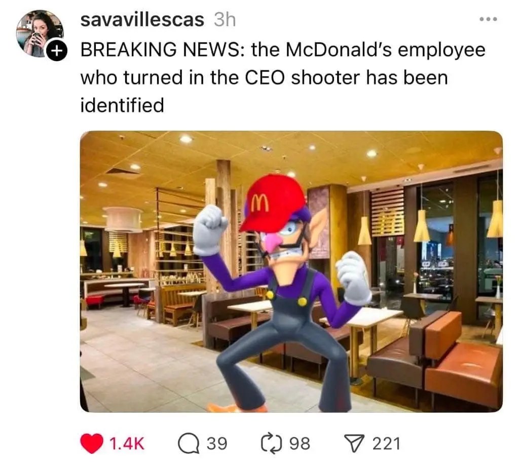 A digitally altered image shows the video game character Waluigi wearing a red McDonald's hat with the golden arches logo…