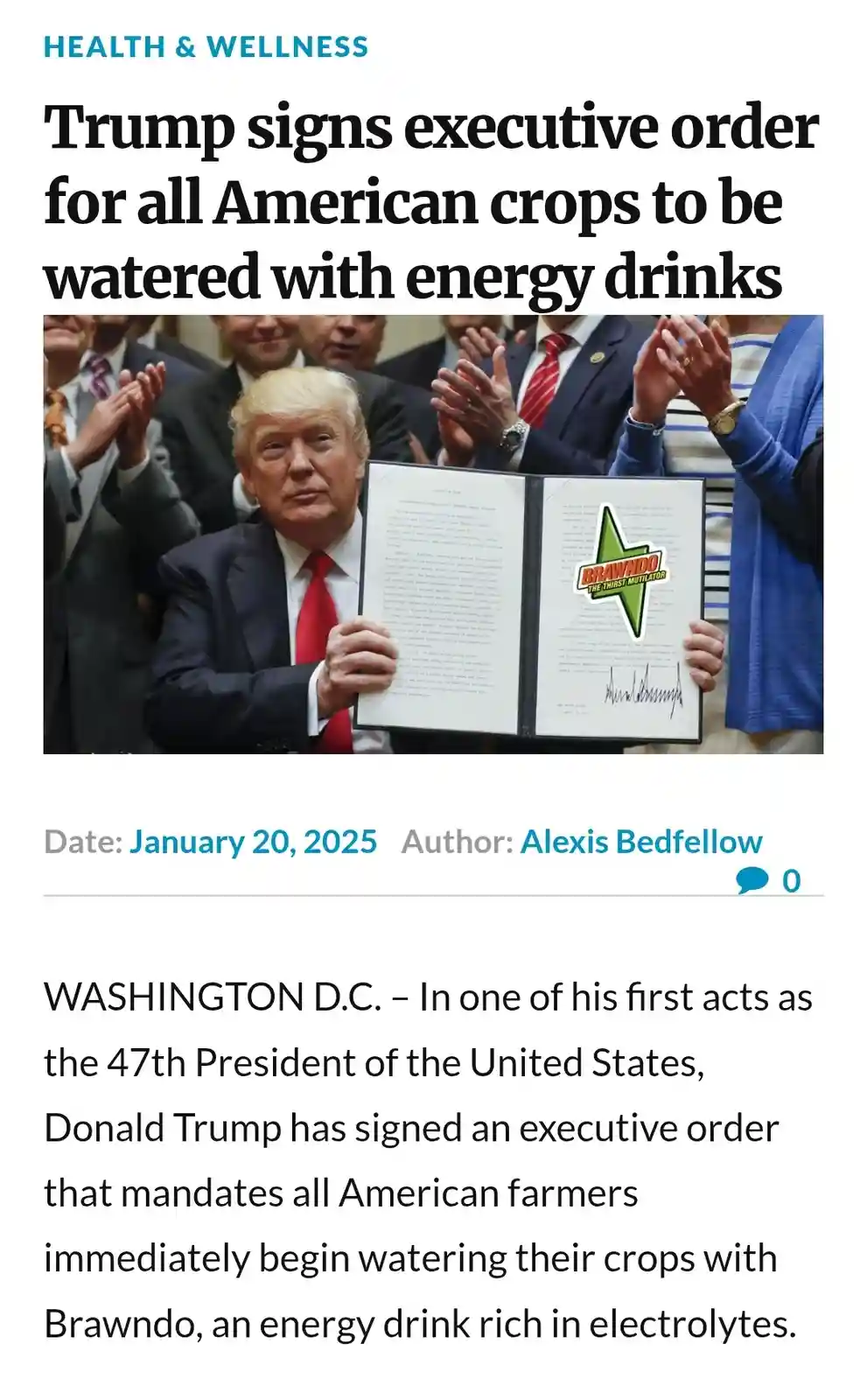 A digitally altered image shows Donald Trump holding an executive order document, with the Brawndo logo superimposed on it…