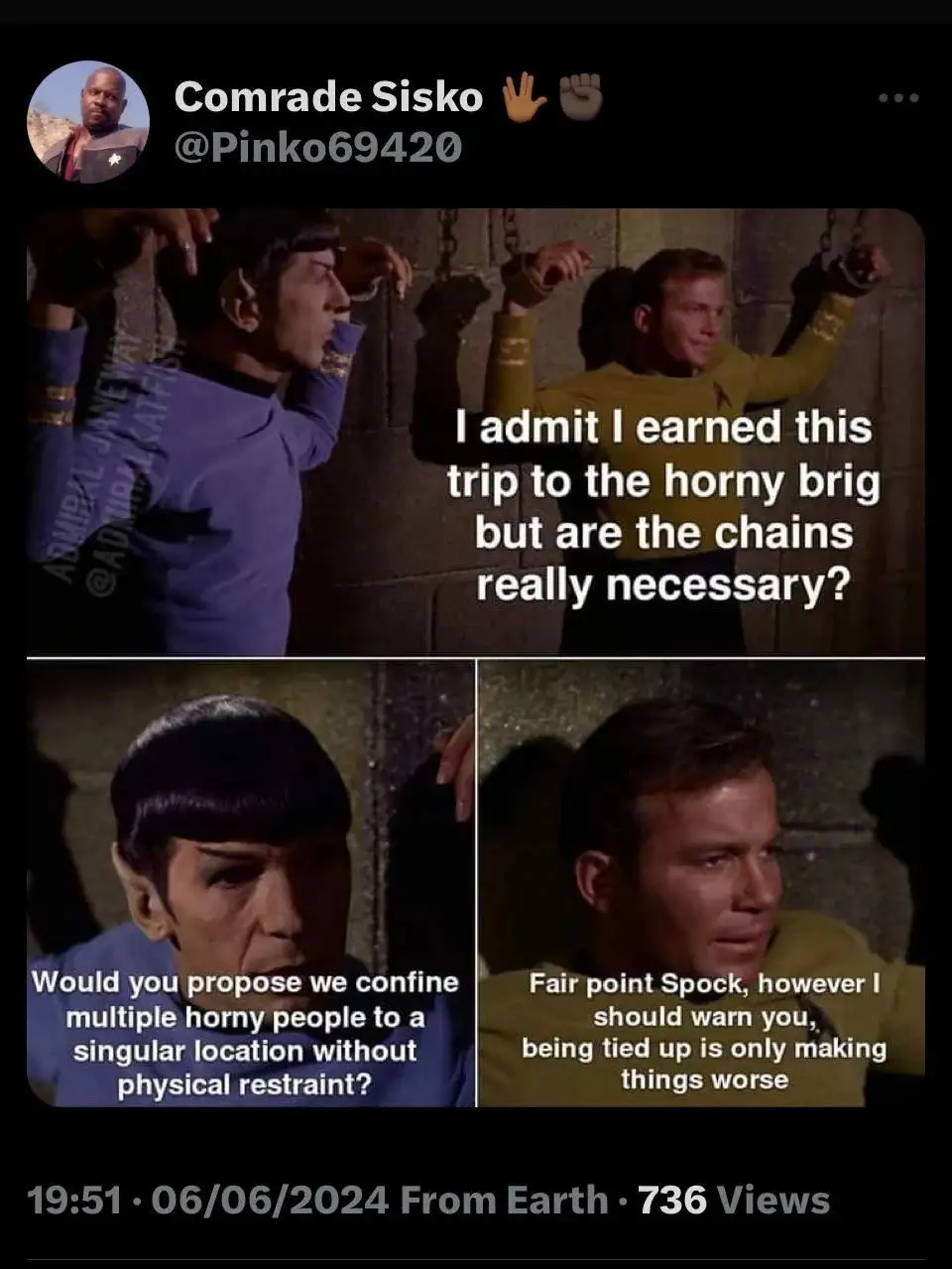 Two men in Star Trek uniforms are chained to a stone wall in a brig. The man in the yellow uniform says he earned his…