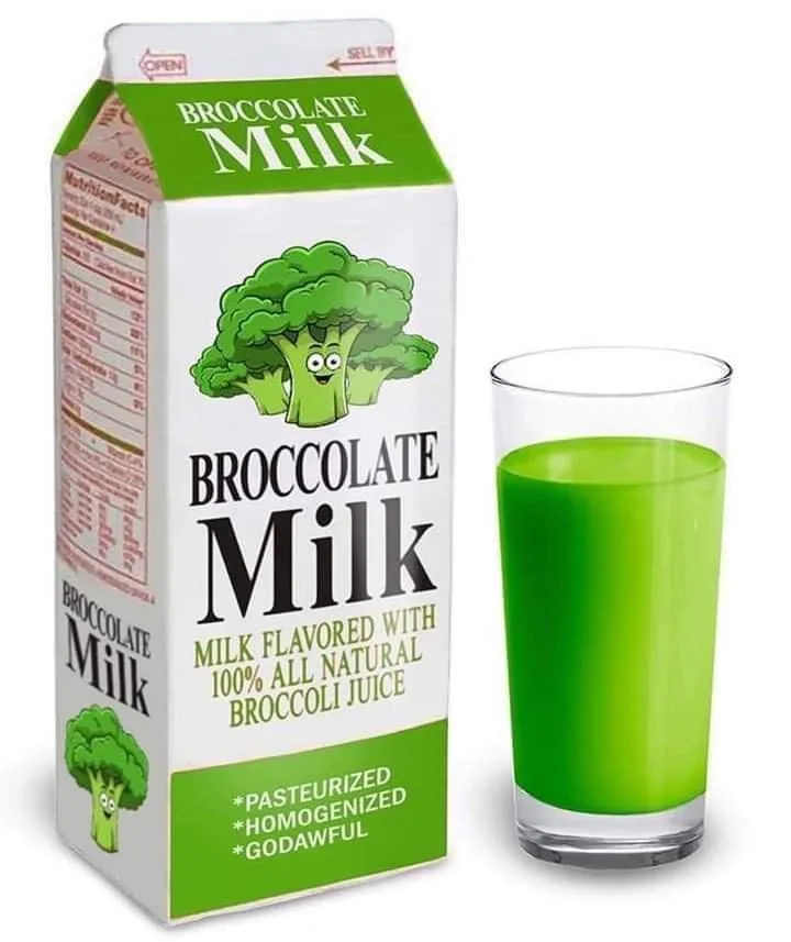A carton of 'Broccolate Milk' with a cartoon broccoli mascot and a glass of green liquid beside it. The carton text reads…