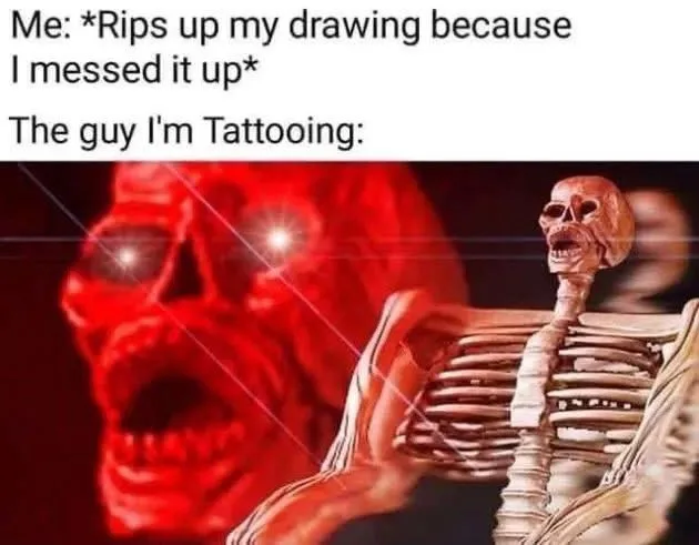 A skeletal figure with an open mouth and wide eyes is shown against a dark red background with a blurred, screaming red face…