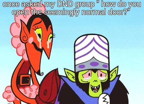 Two cartoonish fantasy characters, one red with pink hair and the other green with a striped hat, are shown with expressions…