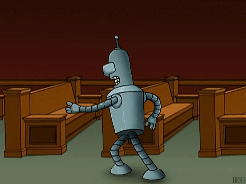 The image shows four frames of Bender, a silver robot from the animated series Futurama, walking through a courtroom with…