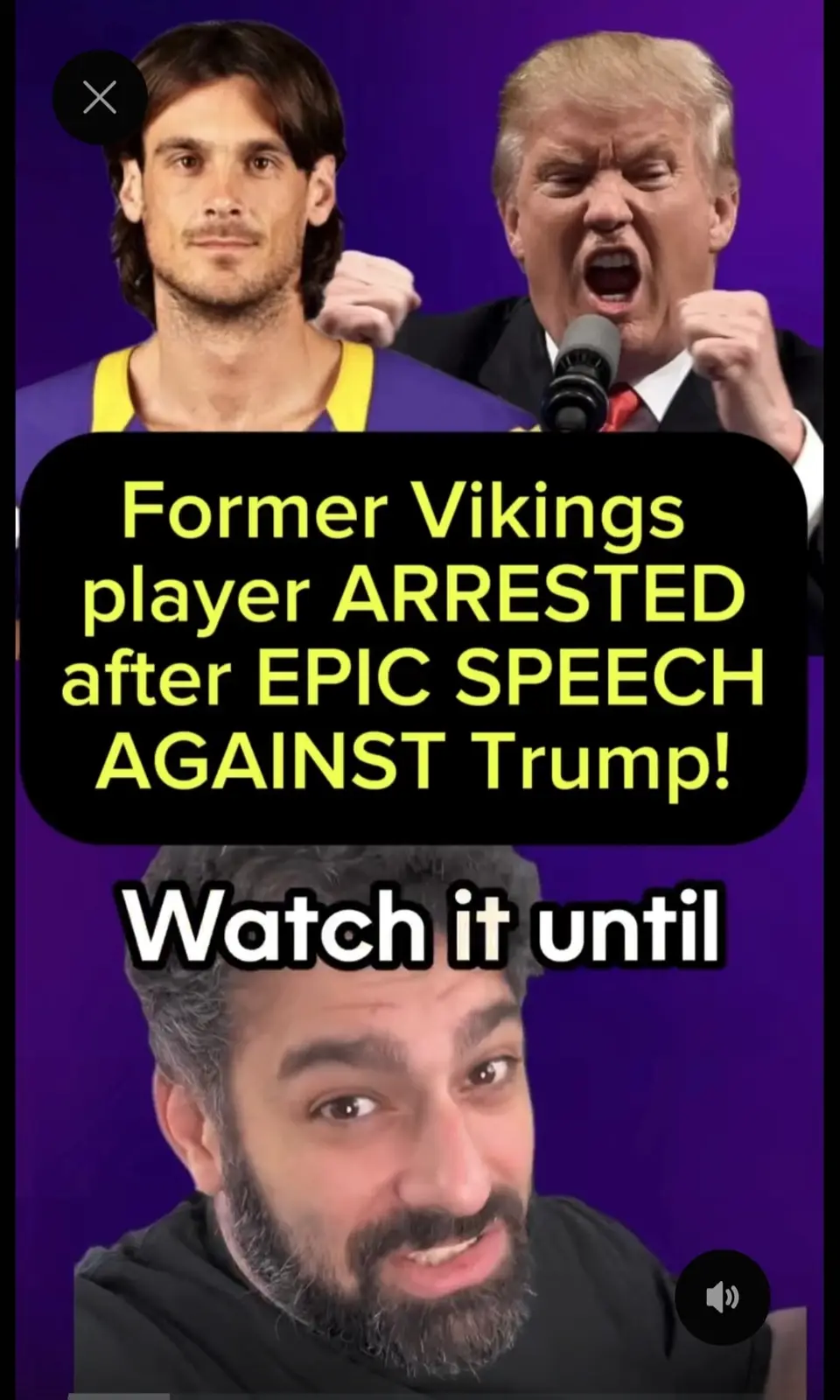 The image is a meme split into two parts. The top part shows a man in a purple and yellow sports jersey with Donald Trump…