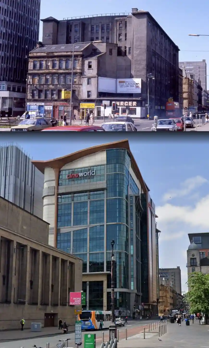 This meme juxtaposes two photographs of the same street corner in Glasgow, Scotland. The top image shows a weathered…