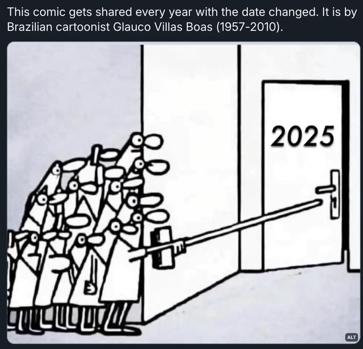 A black-and-white cartoon shows a crowd of stick-figure people in lab coats pushing a long pole with a hammer attached…