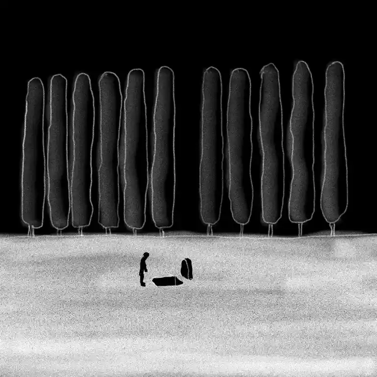 A black-and-white drawing shows a small human figure standing in a snowy field, looking at a backpack and a sleeping bag…
