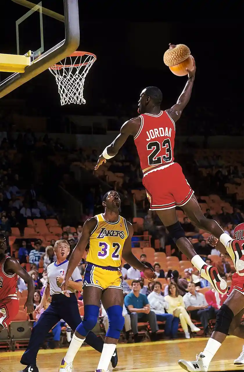 A digitally altered photo shows basketball player Michael Jordan in his iconic red Chicago Bulls jersey with number 23…