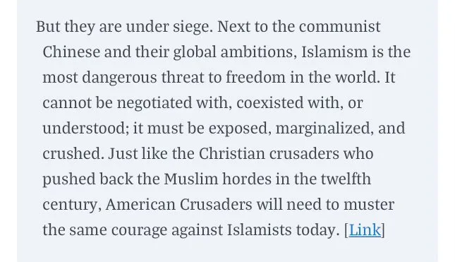 A screenshot of a text block with dark gray text on a light gray background, containing a paragraph that claims Islamism is…