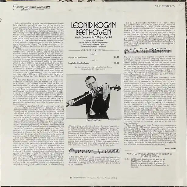 This is the back cover of a 1976 Connoisseur Society classical music LP featuring Leonid Kogan performing Beethoven's Violin…