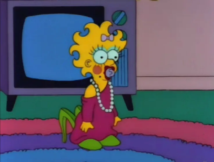 a cartoon woman with curly yellow hair, wearing a pink dress and pearl necklace, sits on a colorful rug in front of a…