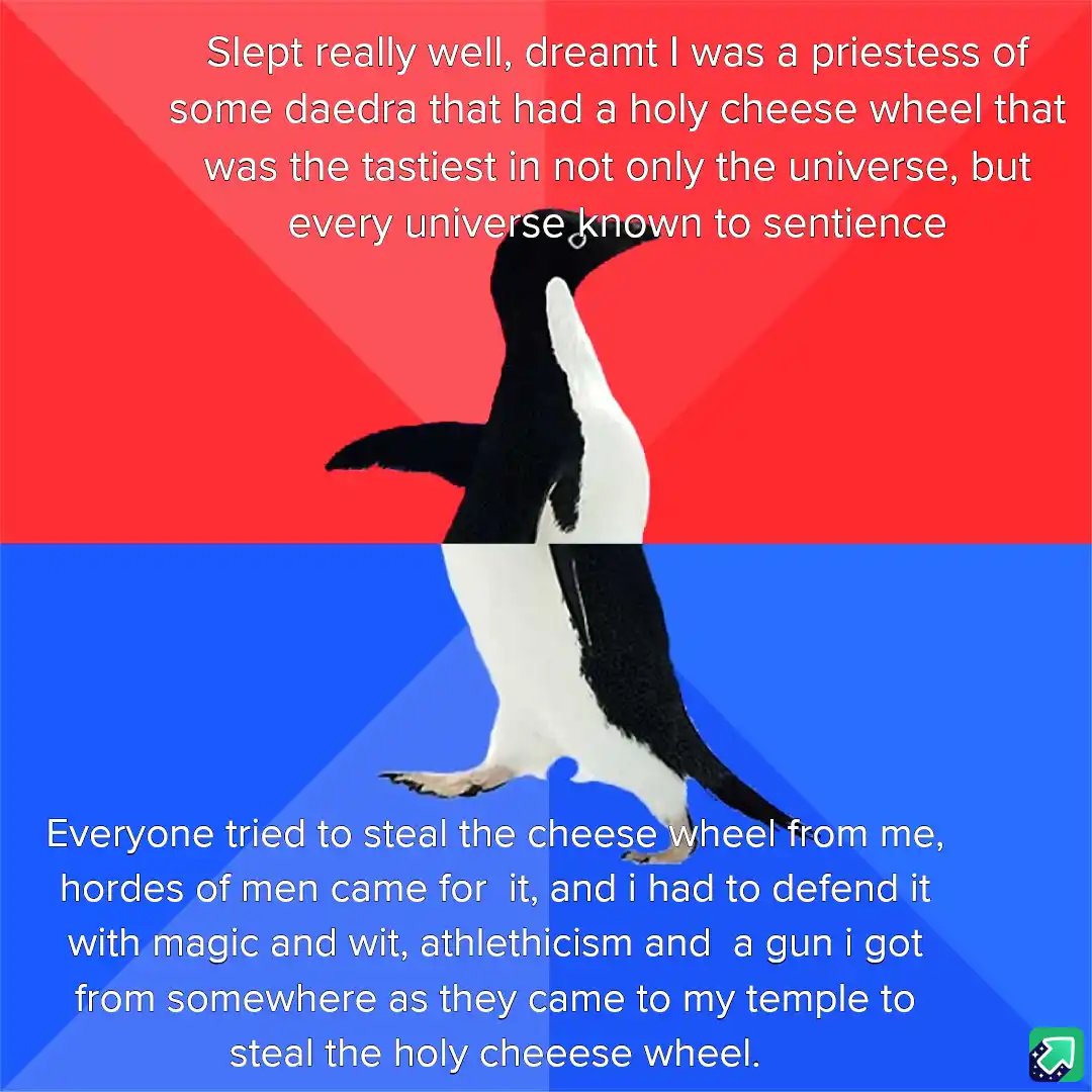 A penguin stands centered against a red and blue background, split horizontally. White text overlays the image in two…