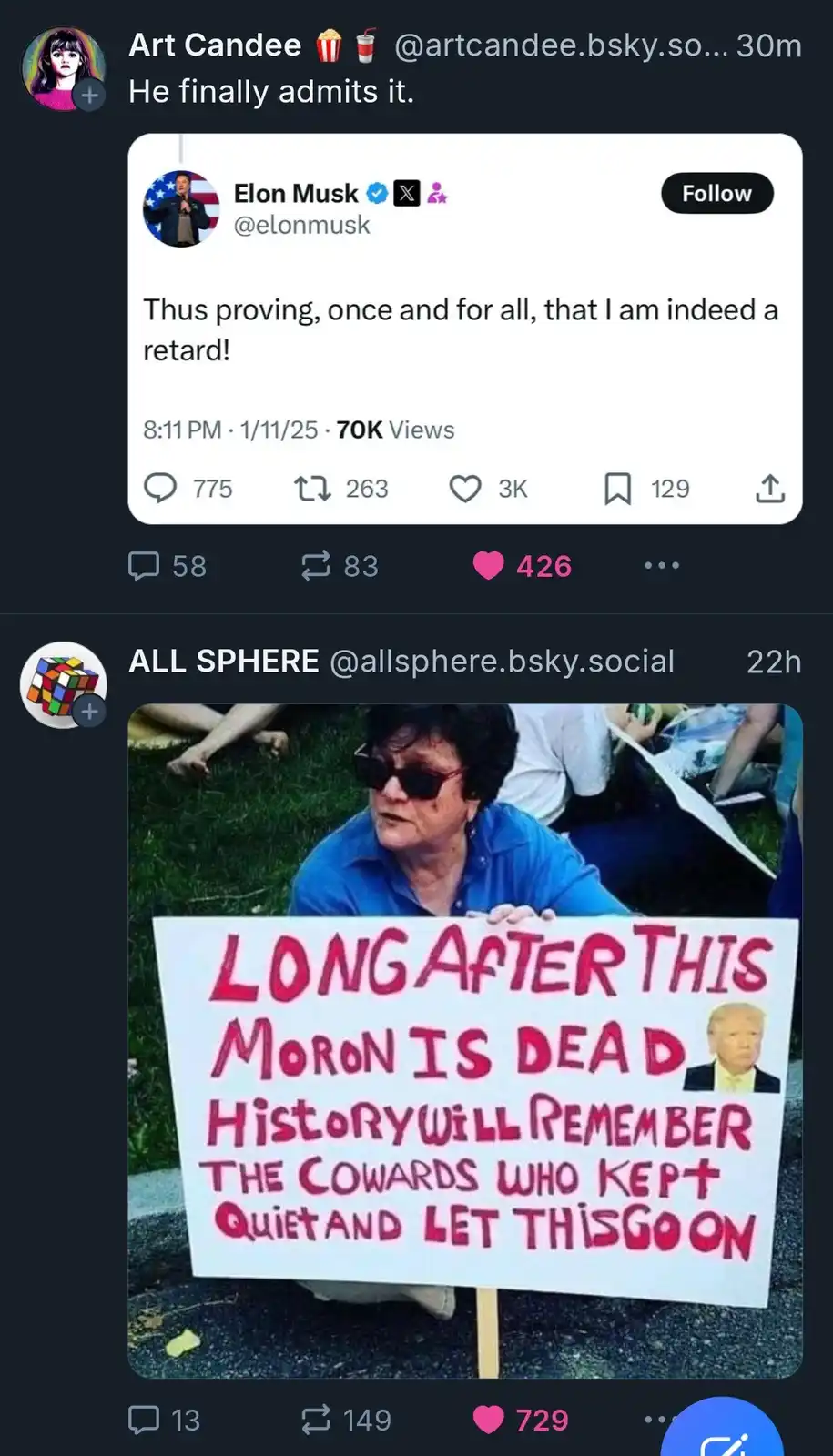 The image shows a screenshot of a social media post by Elon Musk, who wrote 'Thus proving, once and for all, that I am…